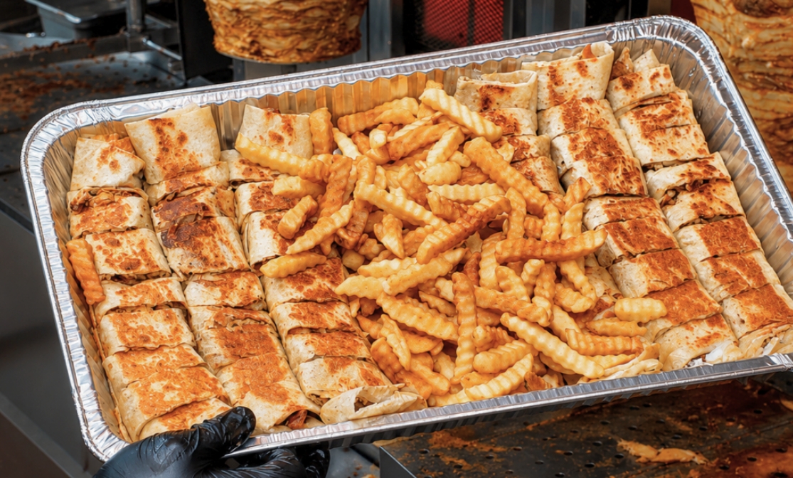 Tray of Arabi-style shawarma with fries
